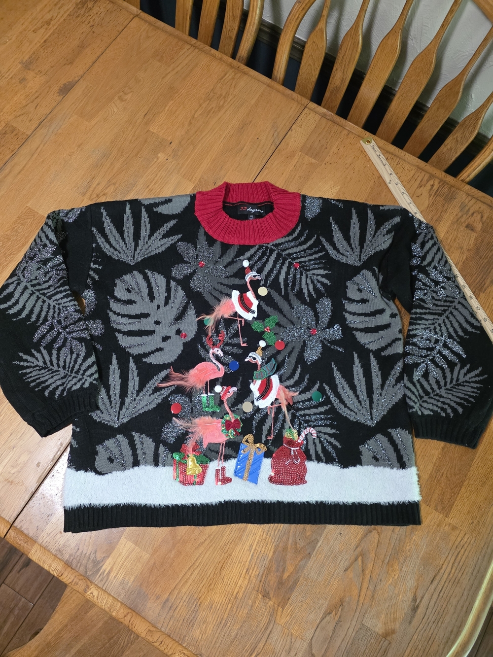 Flamingo Sequin Feather Embroidered Ugly Christmas Sweater 33 Degrees. Pullover